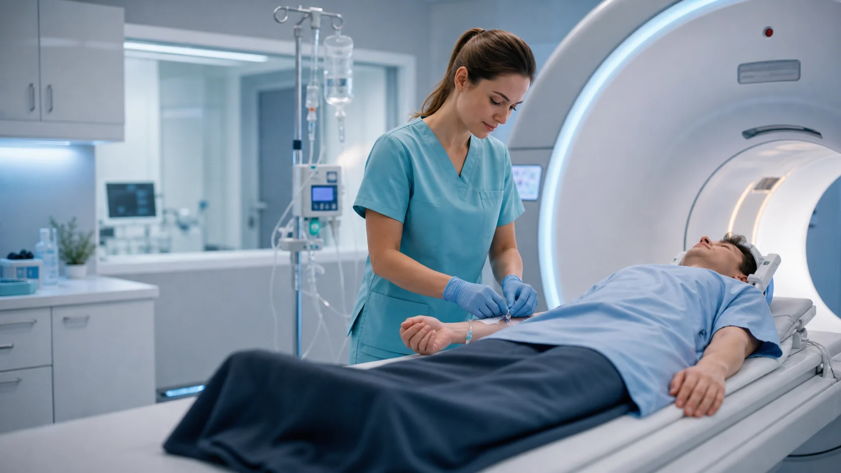 Nurse preparing a patient for contrast-enhanced MRI examination