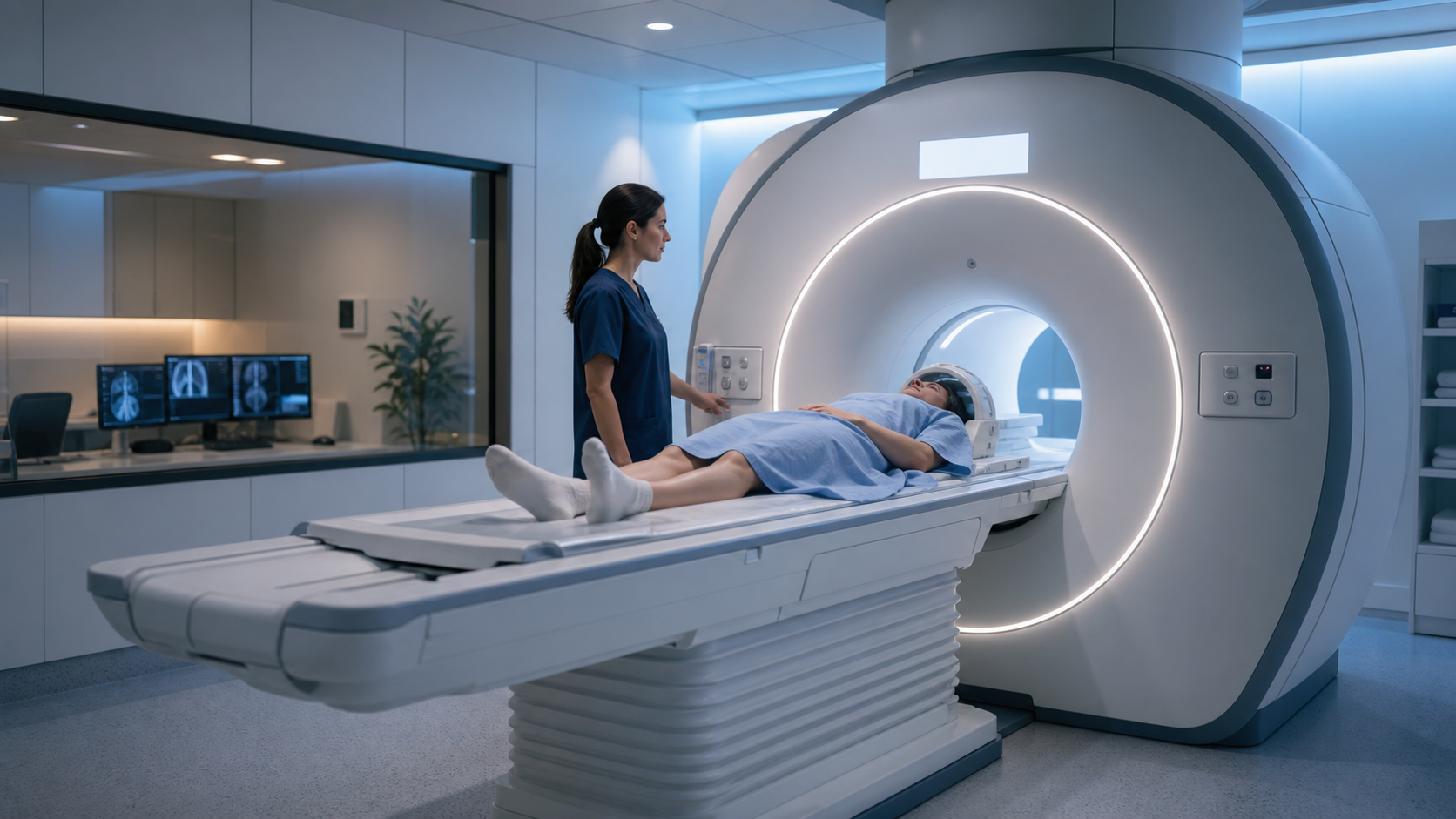 Patient prepared for an MRI scan in a modern diagnostic imaging suite with clinical staff nearby