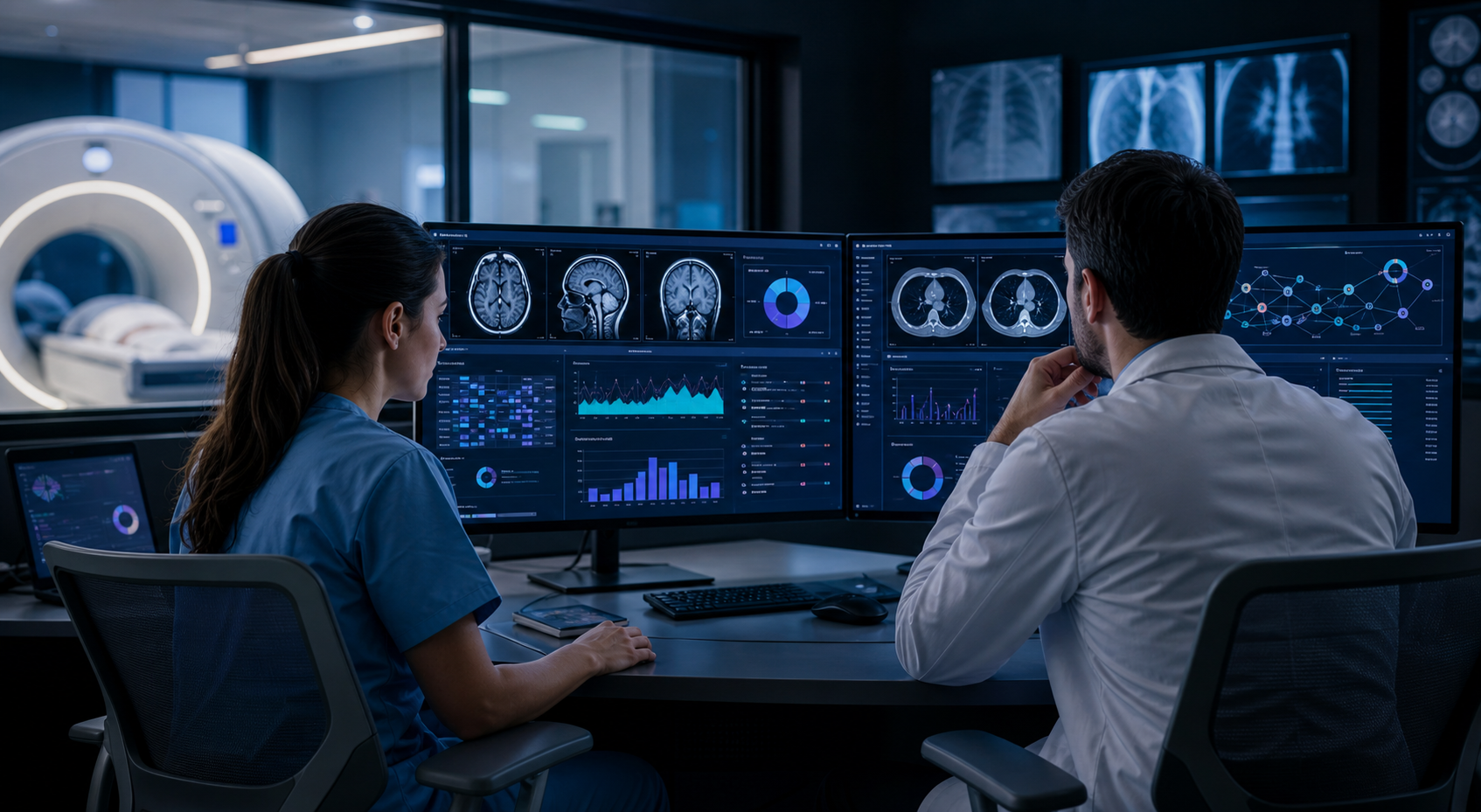 Radiology professionals reviewing diagnostic imaging analytics on workstation monitors